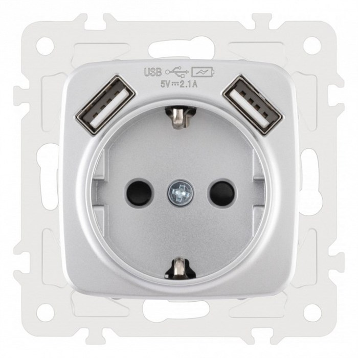 Розетка с заземлением и со шторкой и 2хUSB, без рамки Arte Milano am-205 205.47-1.silver - фото 4938447