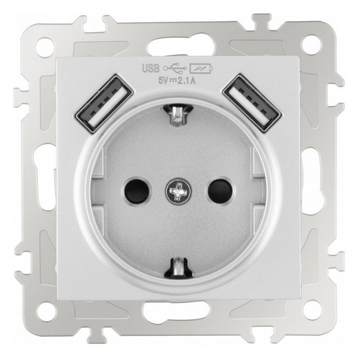 Розетка с заземлением и со шторкой и 2хUSB, без рамки Arte Milano am-206 206.47-1.silver - фото 4938778